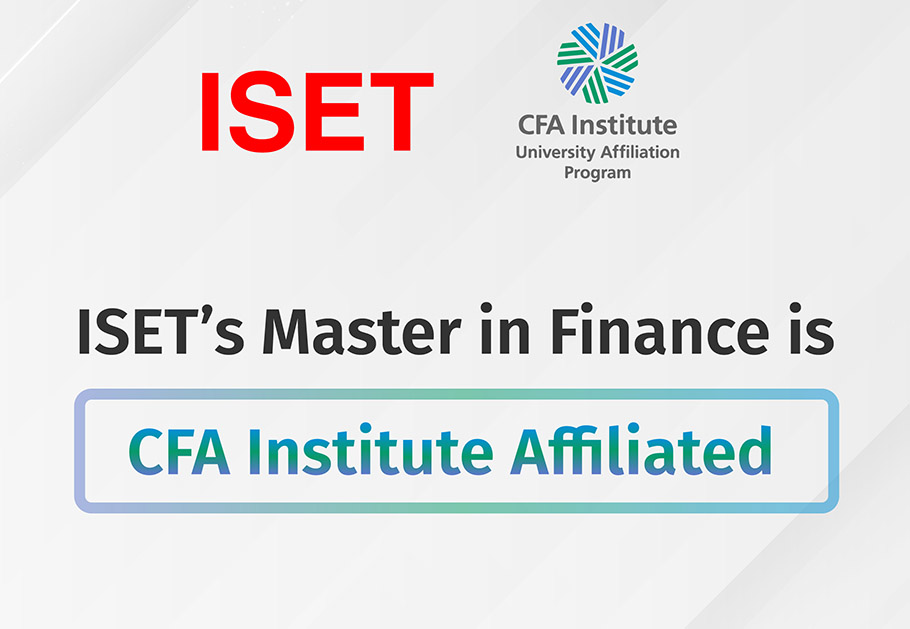 Promotional graphic stating that ISET's Master in Finance program is affiliated with the CFA Institute