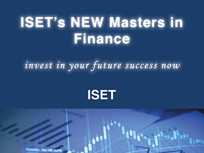 ISET announcement for its new Master's in Finance program, featuring a financial chart background and the tagline 'Invest in your future success now